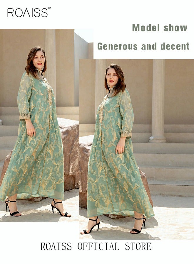 Women Luxury Stand Collar Graphic Printing Robe Maxi Dresses Exclusive Styles Modern Stylish Abaya Middle East Arabic Banquet Wedding Party Dress Women's Festival Clothing