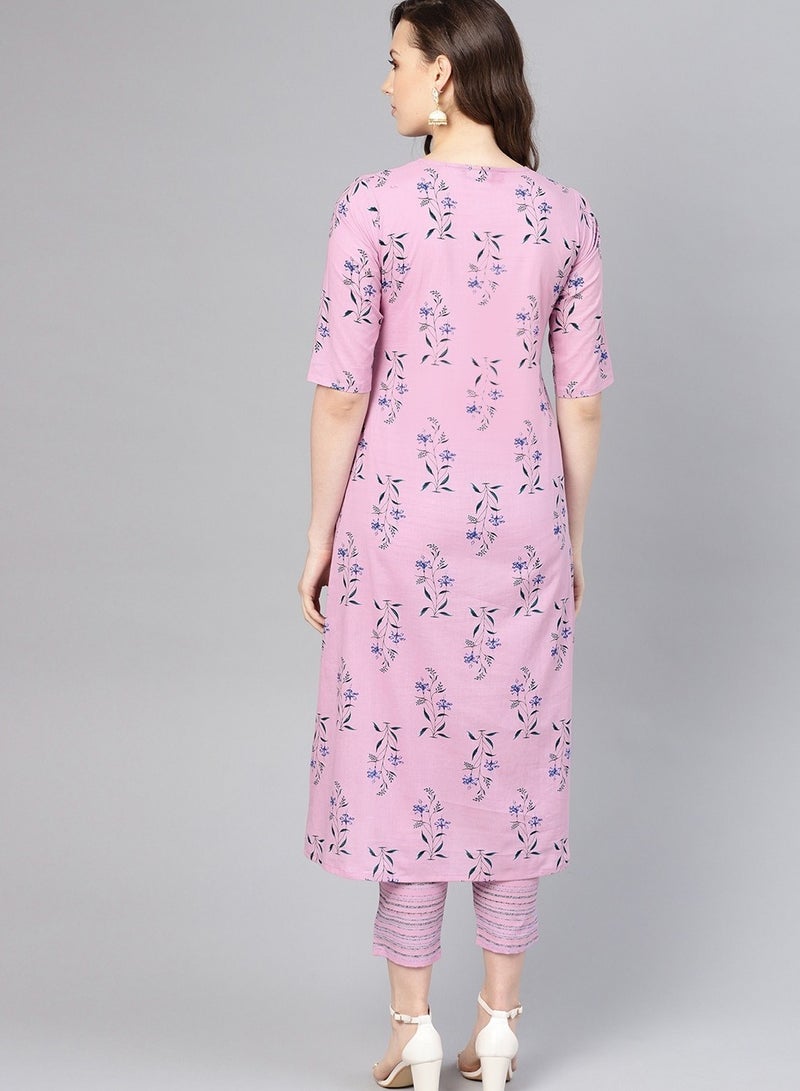 IndHeritage - Premium cotton 2pc kurti set - Pink colour women's 2pc kurti / kurta  set with blue floral design - Indian Kurti Set IDH00037