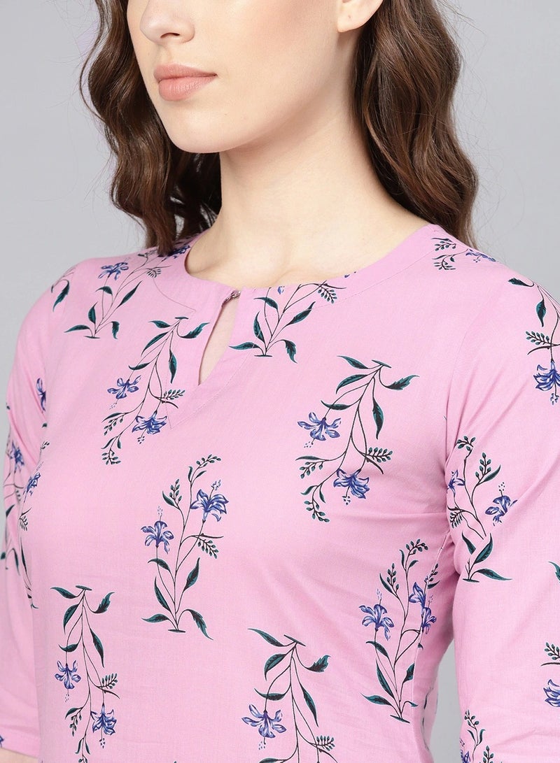 IndHeritage - Premium cotton 2pc kurti set - Pink colour women's 2pc kurti / kurta  set with blue floral design - Indian Kurti Set IDH00037