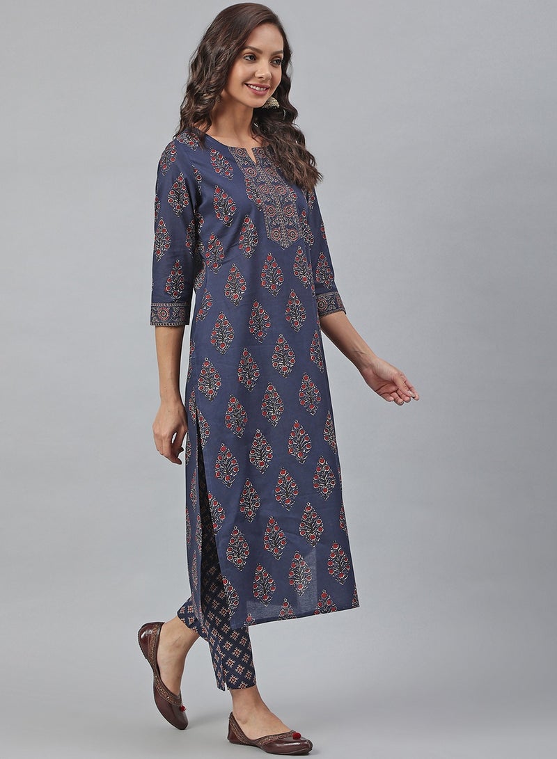 IndHeritage - Premium cotton 2pc kurti set - Dark blue colour women's 2pc kurti / kurta  set with floral design - Indian Kurti Set IDH00038
