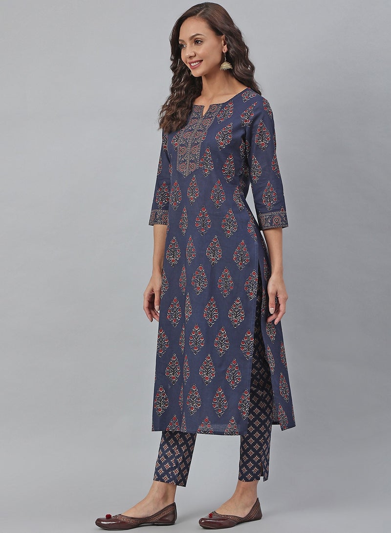 IndHeritage - Premium cotton 2pc kurti set - Dark blue colour women's 2pc kurti / kurta  set with floral design - Indian Kurti Set IDH00038