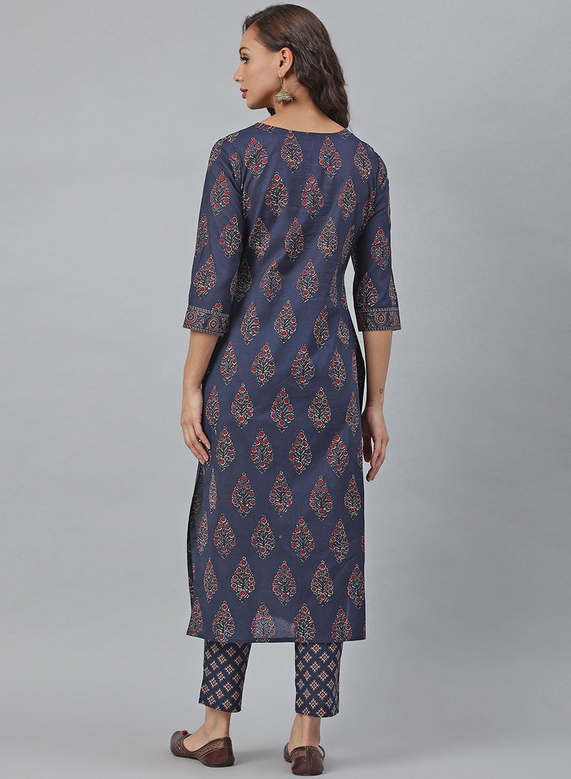 IndHeritage - Premium cotton 2pc kurti set - Dark blue colour women's 2pc kurti / kurta  set with floral design - Indian Kurti Set IDH00038