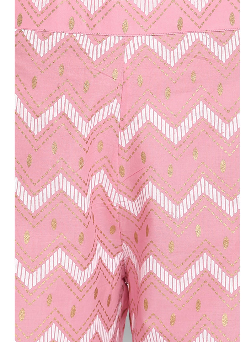 IndHeritage - Premium cotton 2pc kurti set - Pink colour women's 2pc kurti / kurta / salwar set with golden embroidery - pink & white design palazzo pants - Indian Kurti Set IDH00044