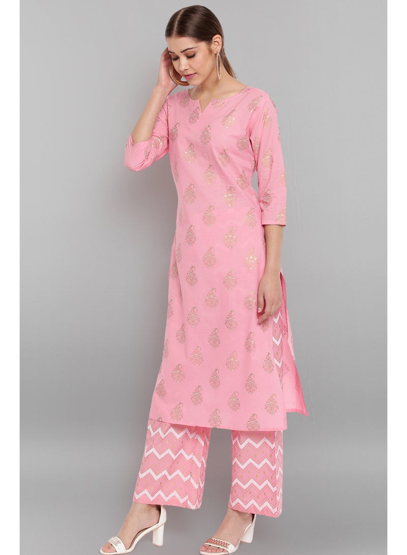 IndHeritage - Premium cotton 2pc kurti set - Pink colour women's 2pc kurti / kurta / salwar set with golden embroidery - pink & white design palazzo pants - Indian Kurti Set IDH00044