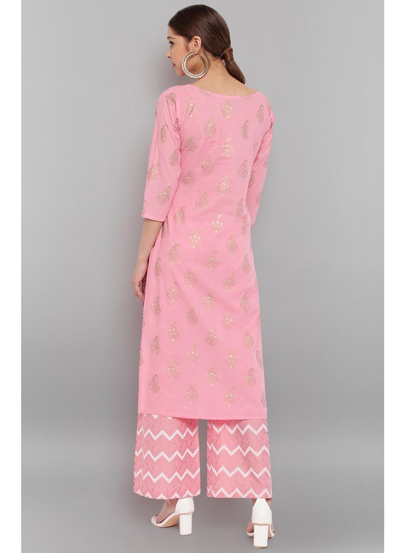 IndHeritage - Premium cotton 2pc kurti set - Pink colour women's 2pc kurti / kurta / salwar set with golden embroidery - pink & white design palazzo pants - Indian Kurti Set IDH00044
