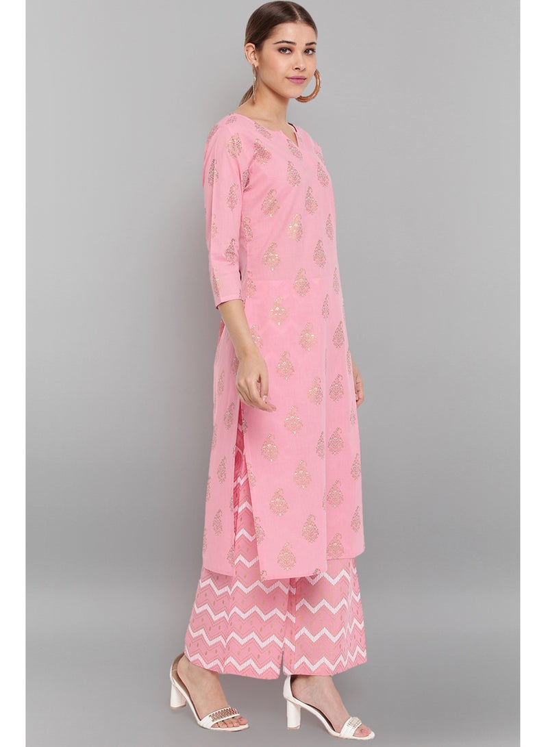 IndHeritage - Premium cotton 2pc kurti set - Pink colour women's 2pc kurti / kurta / salwar set with golden embroidery - pink & white design palazzo pants - Indian Kurti Set IDH00044