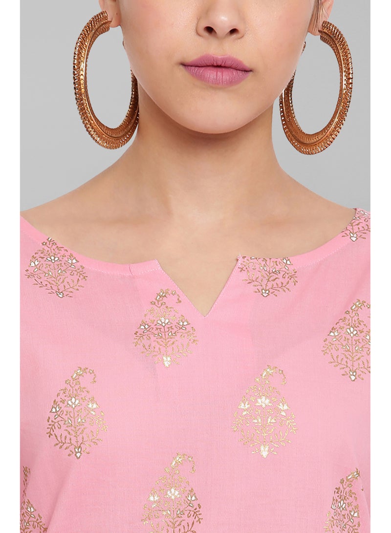 IndHeritage - Premium cotton 2pc kurti set - Pink colour women's 2pc kurti / kurta / salwar set with golden embroidery - pink & white design palazzo pants - Indian Kurti Set IDH00044