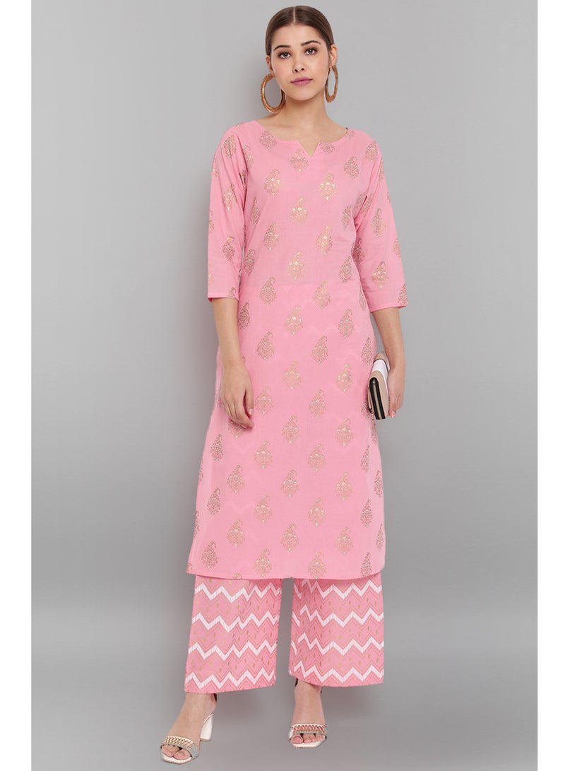 IndHeritage - Premium cotton 2pc kurti set - Pink colour women's 2pc kurti / kurta / salwar set with golden embroidery - pink & white design palazzo pants - Indian Kurti Set IDH00044