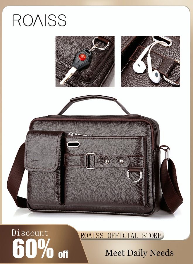 Business Messenger Shoulder Bag PU Leather Retro Chic Handbag Casual Portable Zipper Crossbody/Shoulder Bag Husband Gift for Men Travel Work Office Dark Brown