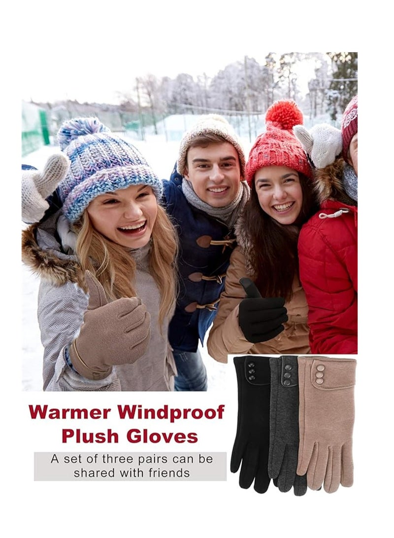 Women Winter Gloves, 3 Pairs Women Winter Gloves, Warm Touchscreen Gloves Windproof Gloves for Women Girls Winter Using, Black, Gray, Khaki