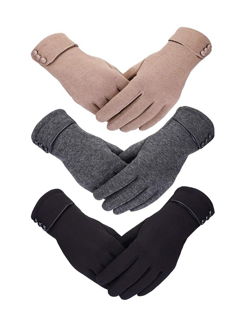 Women Winter Gloves, 3 Pairs Women Winter Gloves, Warm Touchscreen Gloves Windproof Gloves for Women Girls Winter Using, Black, Gray, Khaki