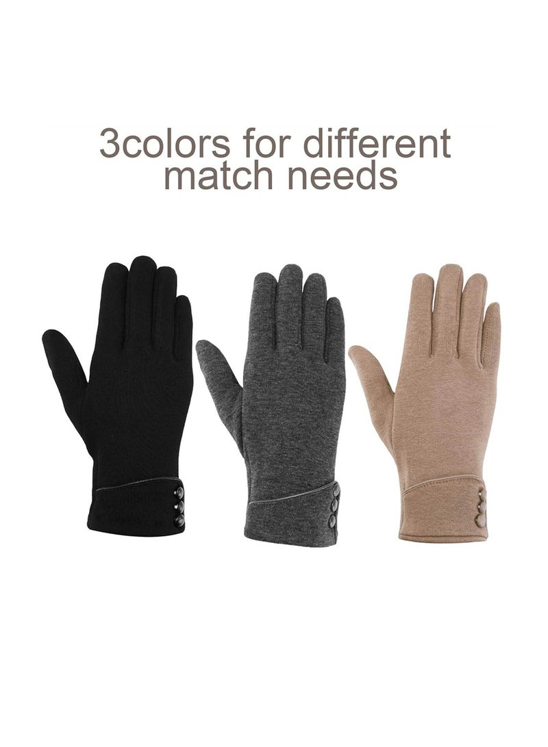 Women Winter Gloves, 3 Pairs Women Winter Gloves, Warm Touchscreen Gloves Windproof Gloves for Women Girls Winter Using, Black, Gray, Khaki