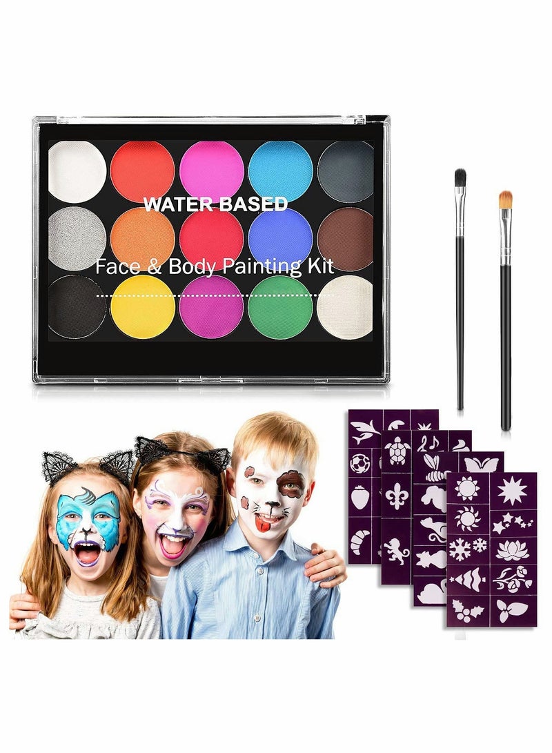 15 Colors Face Paint Kit for Kids, Non-toxic Professional Palette Washable with Brush for Kids for Art Show, Party Colsplay Makeup Festive Face Paint