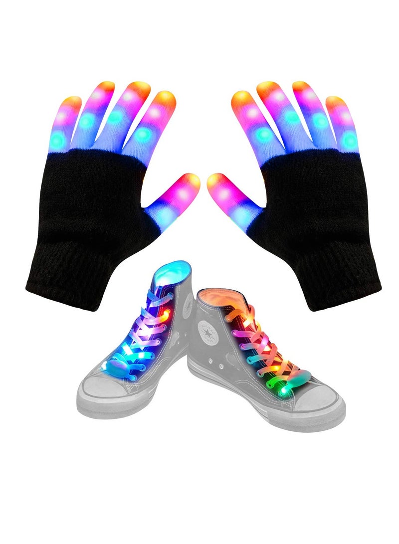 Led Gloves Led Shoelaces Set 2 in 1 Led Finger Gloves Flashing Gloves with 6 Modes Light Up Toys LED Gloves for Kids Cool Toys Indoor Play Outdoor