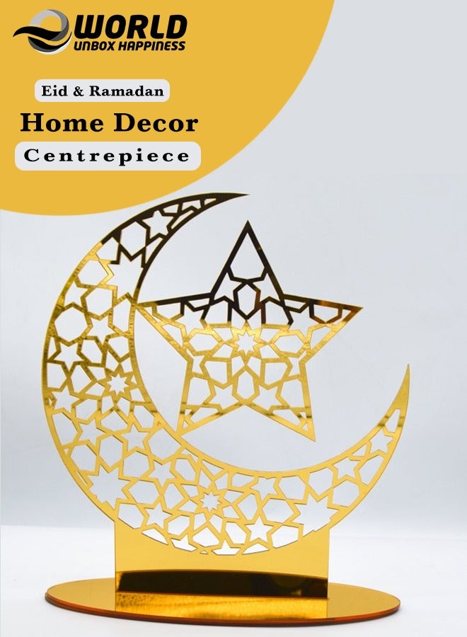 Exquisite Acrylic Ramadan and Eid Tabletop Decor for Home, Perfect Islamic Lightweight Star Crafted Crescent Ornaments, Radiant in Gold