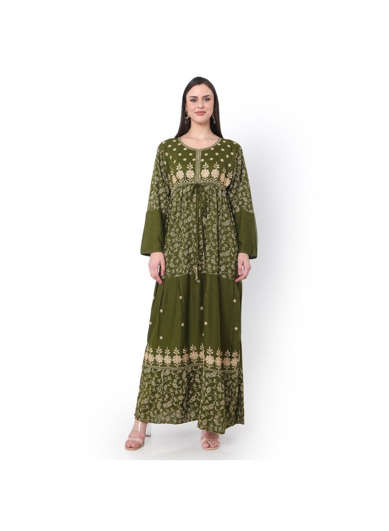 VISCOSE EMBROIDERED AND FLORAL PRINTED  ARABIC JALABIYA KAFTAN DRESS