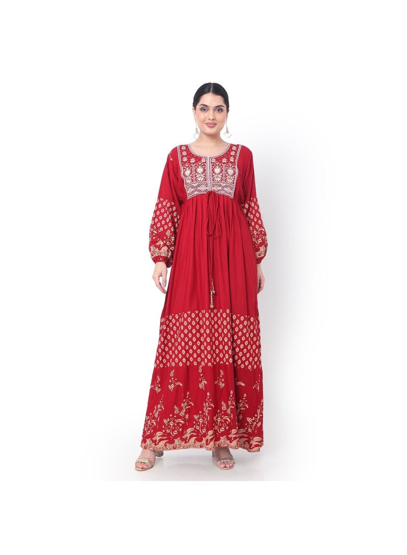 EMBROIDERED WITH PRINTED SOLID RED COLOUR ARABIC JALABIYA DRESS