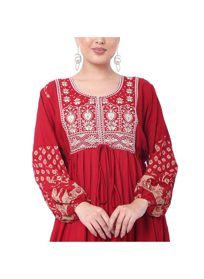 EMBROIDERED WITH PRINTED SOLID RED COLOUR ARABIC JALABIYA DRESS