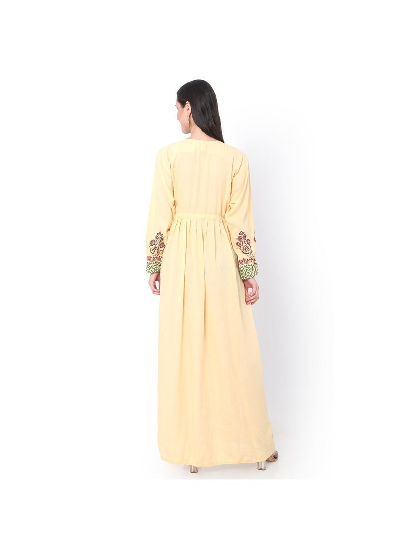 YELLOW COLOUR VISCOSE DRESS WITH MULTICOLOUR EMBROIDERED ARABIC JALABIYA DRESS