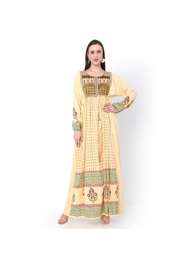 YELLOW COLOUR VISCOSE DRESS WITH MULTICOLOUR EMBROIDERED ARABIC JALABIYA DRESS