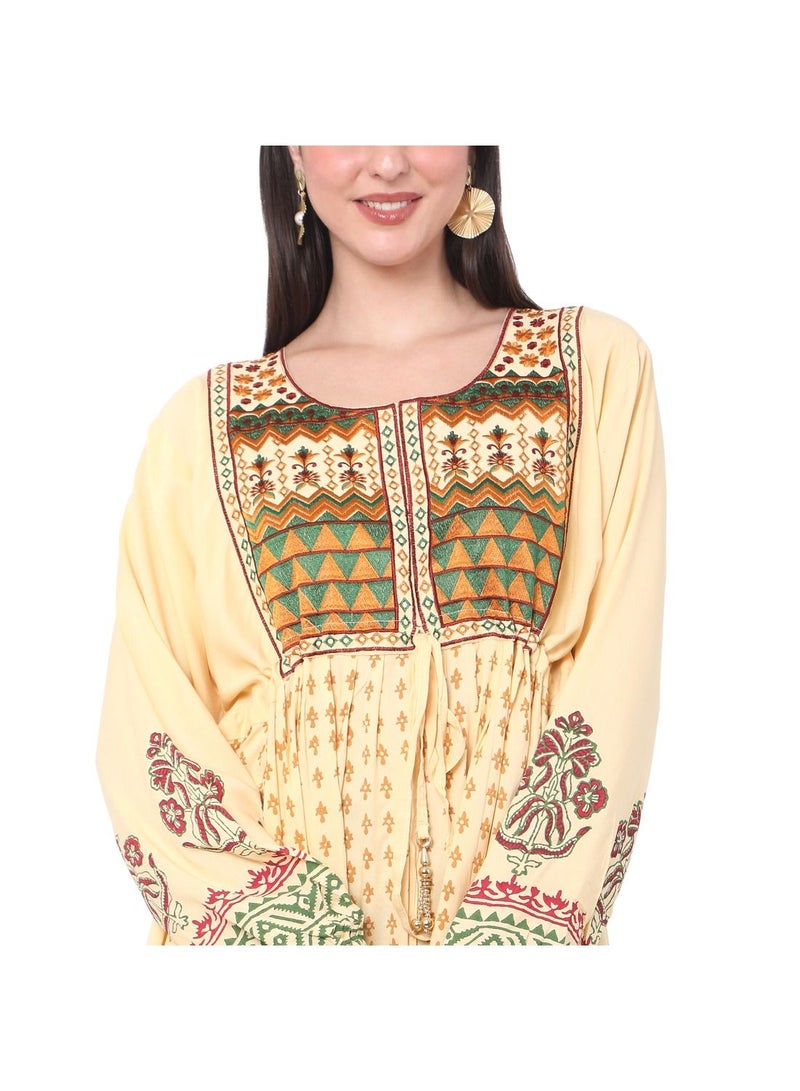 YELLOW COLOUR VISCOSE DRESS WITH MULTICOLOUR EMBROIDERED ARABIC JALABIYA DRESS