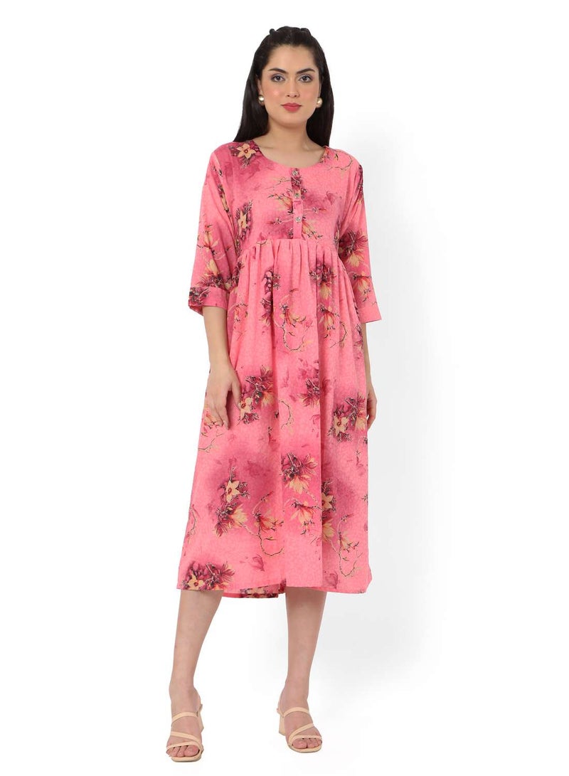 SHORT PINK COLOUR HIGH QUALITY FLORAL PRINTED WITH FRONT BUTTONED STYLED ARABIC KAFTAN JALABIYA DRESS