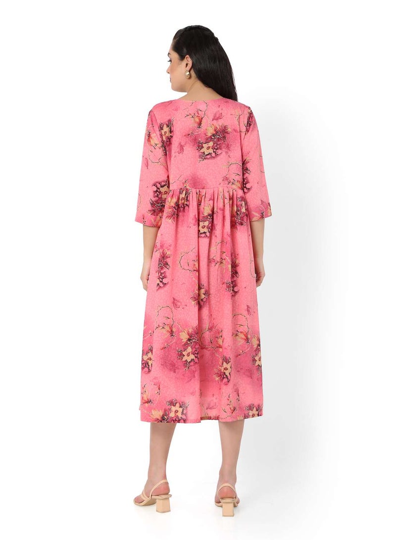 SHORT PINK COLOUR HIGH QUALITY FLORAL PRINTED WITH FRONT BUTTONED STYLED ARABIC KAFTAN JALABIYA DRESS