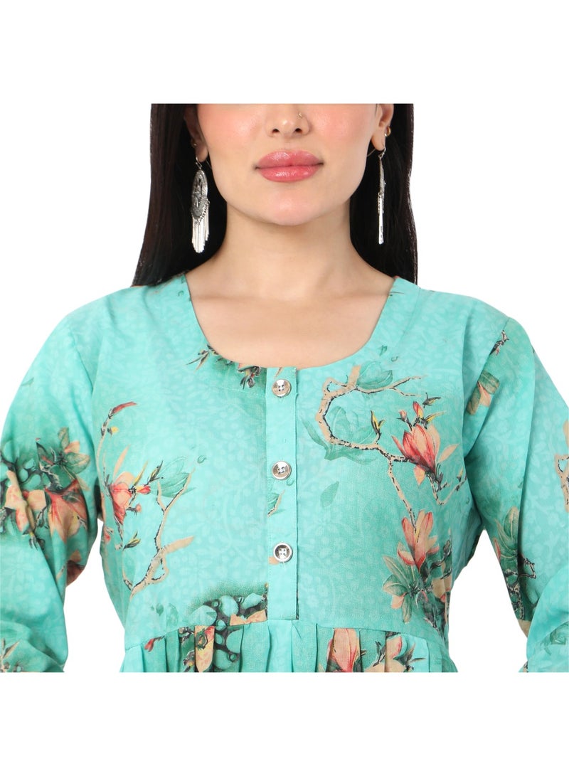 SHORT HIGH QUALITY FLORAL PRINTED WITH FRONT BUTTONED STYLED ARABIC KAFTAN JALABIYA DRESS