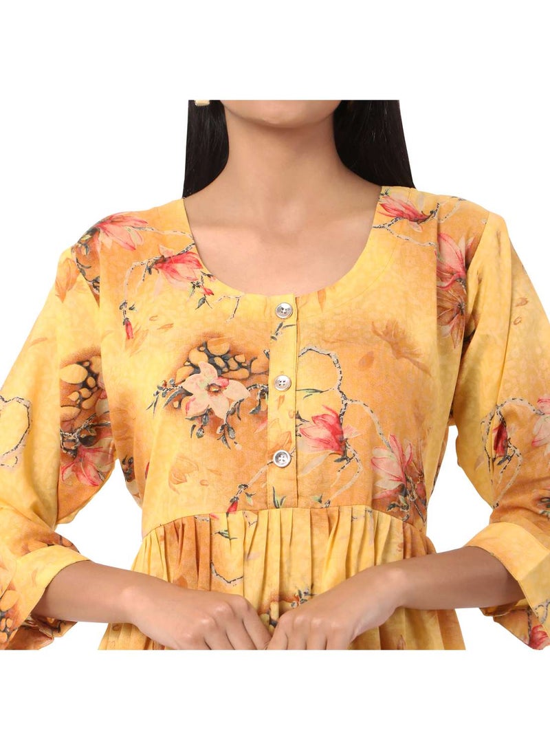 SHORT YELLOW COLOUR HIGH QUALITY FLORAL PRINTED WITH FRONT BUTTONED STYLED ARABIC KAFTAN JALABIYA DRESS