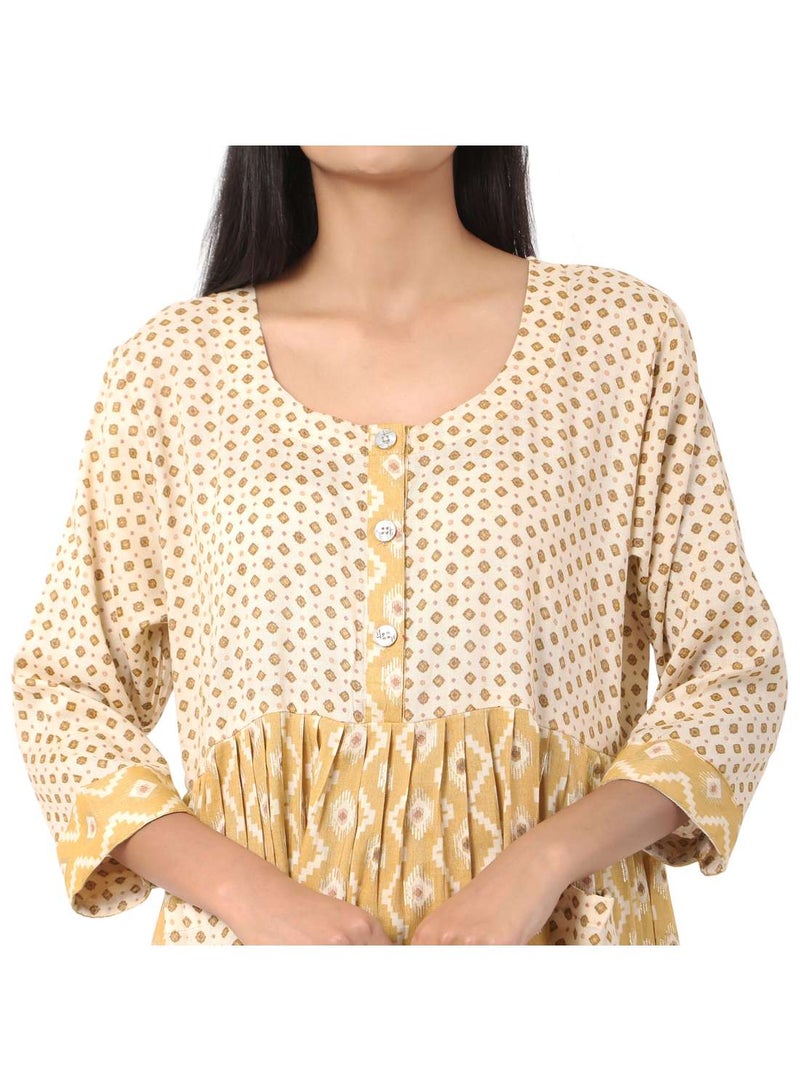 SHORT YELLOW COLOUR STYLISH HIGH QUALITY PRINTED WITH FRONT BUTTONED STYLED ARABIC KAFTAN JALABIYA DRESS