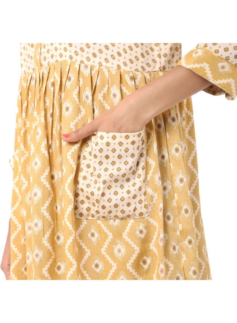 SHORT YELLOW COLOUR STYLISH HIGH QUALITY PRINTED WITH FRONT BUTTONED STYLED ARABIC KAFTAN JALABIYA DRESS