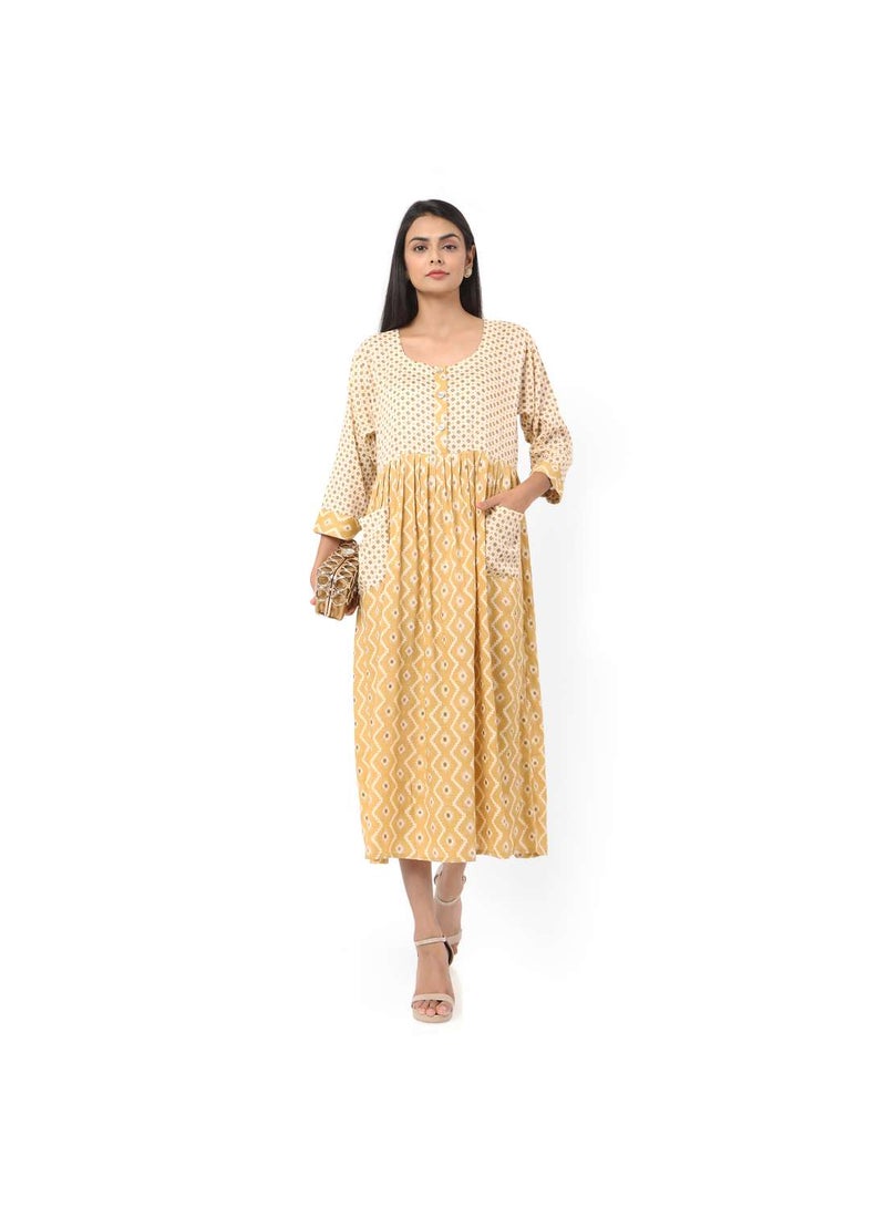 SHORT YELLOW COLOUR STYLISH HIGH QUALITY PRINTED WITH FRONT BUTTONED STYLED ARABIC KAFTAN JALABIYA DRESS