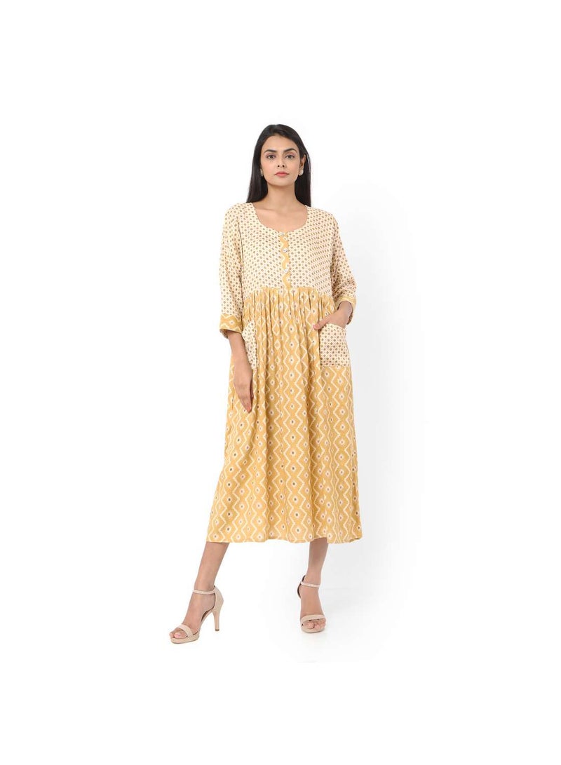 SHORT YELLOW COLOUR STYLISH HIGH QUALITY PRINTED WITH FRONT BUTTONED STYLED ARABIC KAFTAN JALABIYA DRESS