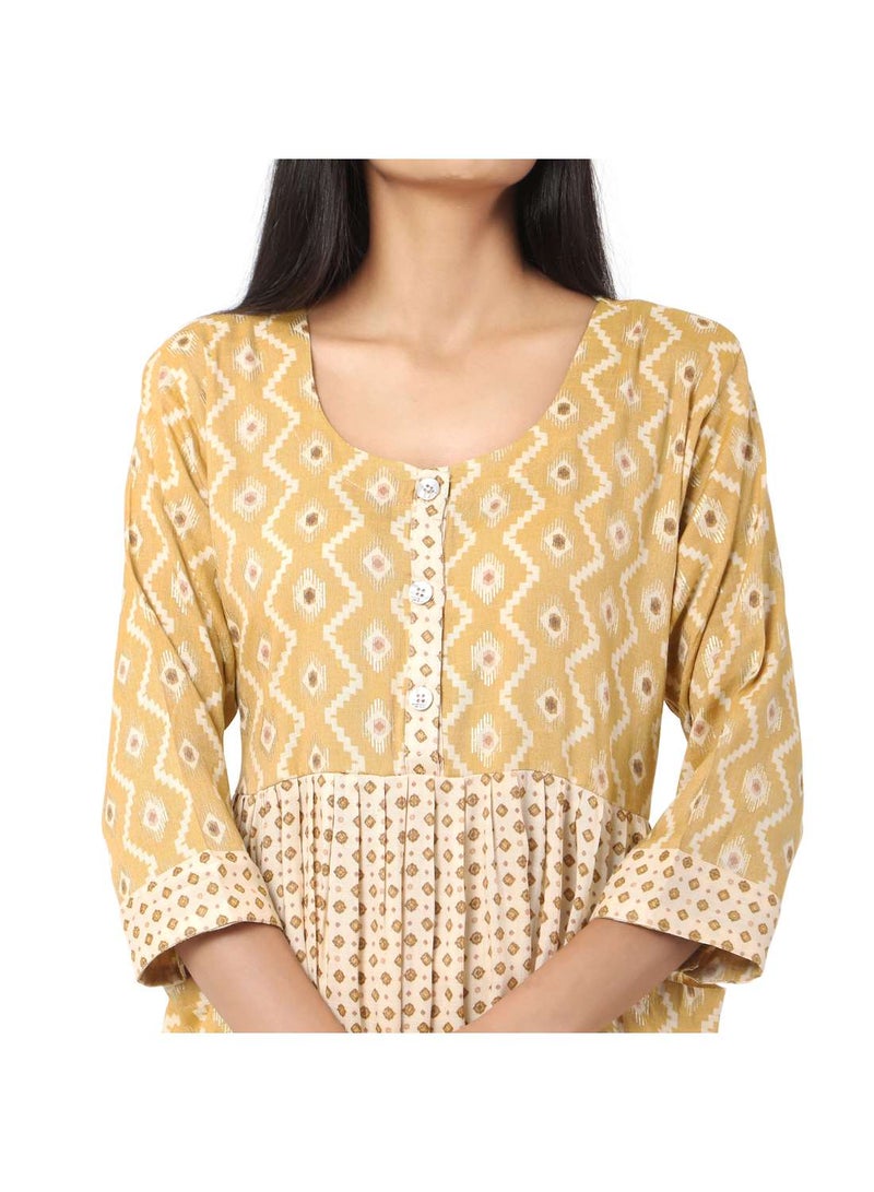 SHORT YELLOW COLOUR STYLISH HIGH QUALITY PRINTED WITH FRONT BUTTONED STYLED ARABIC KAFTAN JALABIYA DRESS