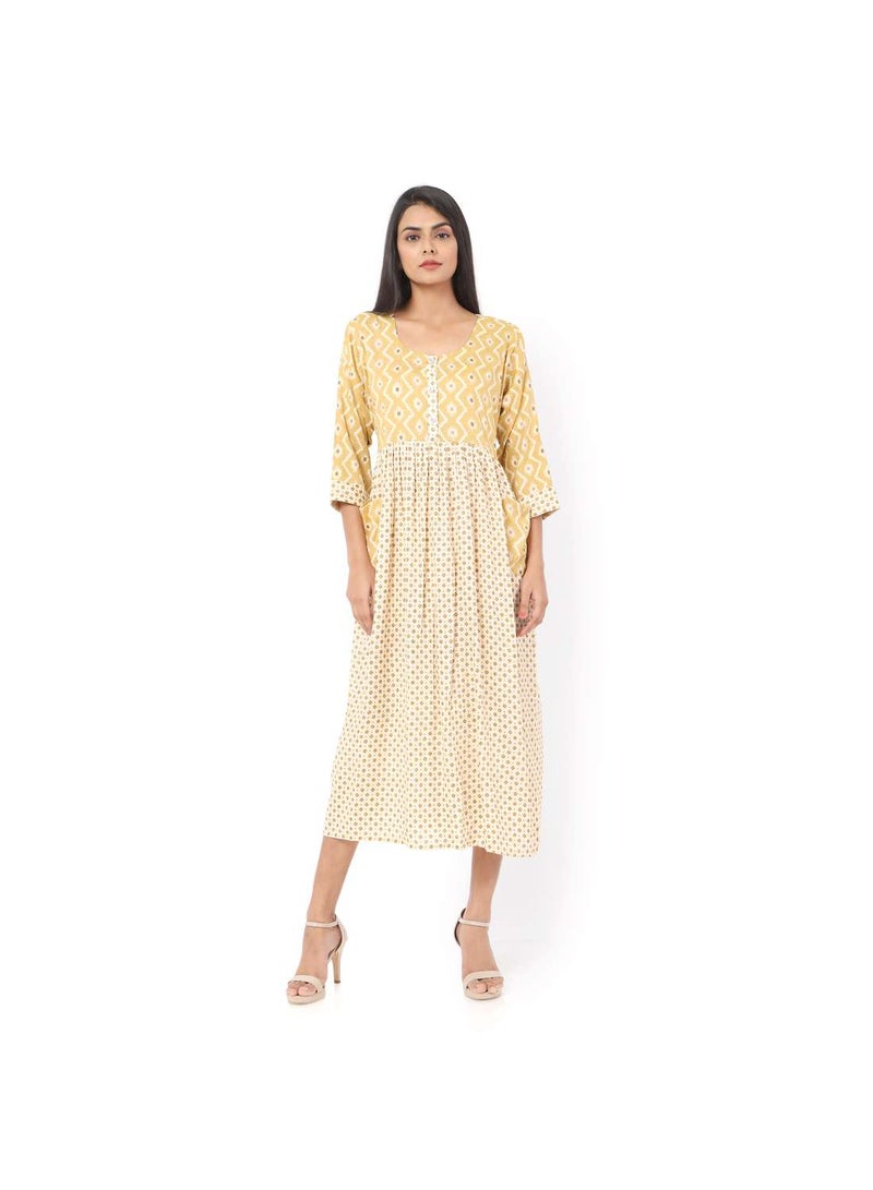 SHORT YELLOW COLOUR STYLISH HIGH QUALITY PRINTED WITH FRONT BUTTONED STYLED ARABIC KAFTAN JALABIYA DRESS