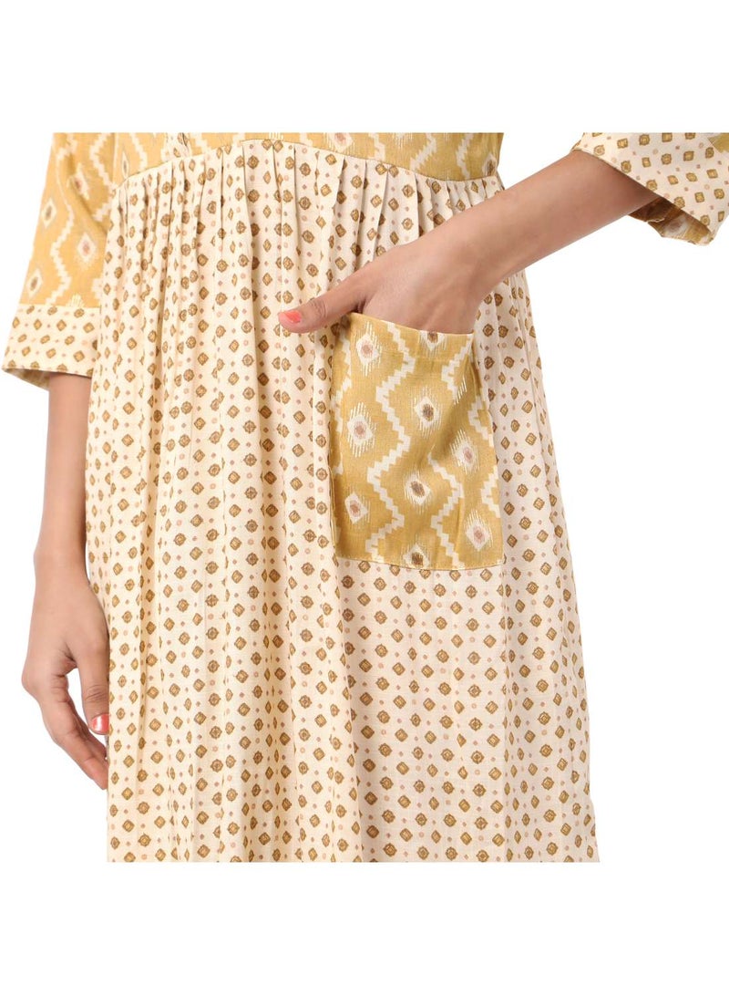 SHORT YELLOW COLOUR STYLISH HIGH QUALITY PRINTED WITH FRONT BUTTONED STYLED ARABIC KAFTAN JALABIYA DRESS