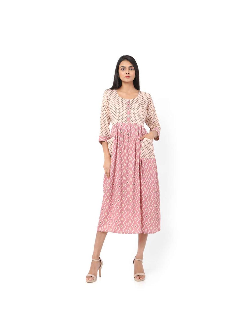 SHORT PINK COLOUR STYLISH HIGH QUALITY PRINTED WITH FRONT BUTTONED STYLED ARABIC KAFTAN JALABIYA DRESS