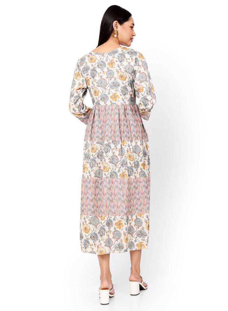 MULTICOLOUR FLORAL AND SMALL STRIP PRINTED WITH STYLED BUTTONED ON FRONT ARABIC KAFTAN JALABIYA DRESS