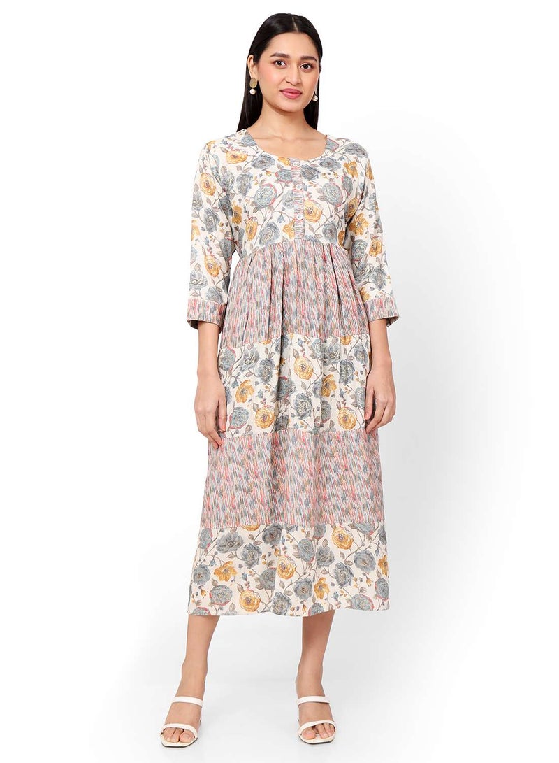 MULTICOLOUR FLORAL AND SMALL STRIP PRINTED WITH STYLED BUTTONED ON FRONT ARABIC KAFTAN JALABIYA DRESS