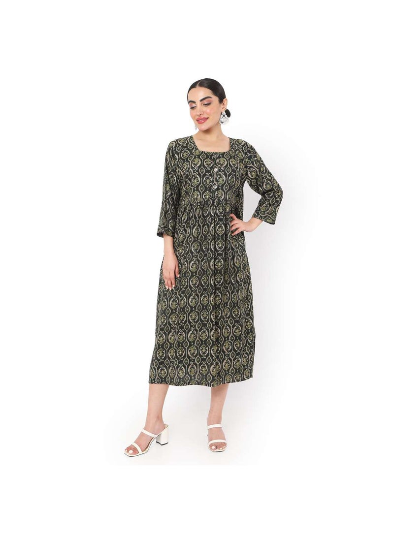 SHORT GREEN COLOUR STYLISH HIGH QUALITY PRINTED WITH FRONT BUTTONED STYLED ARABIC KAFTAN JALABIYA DRESS