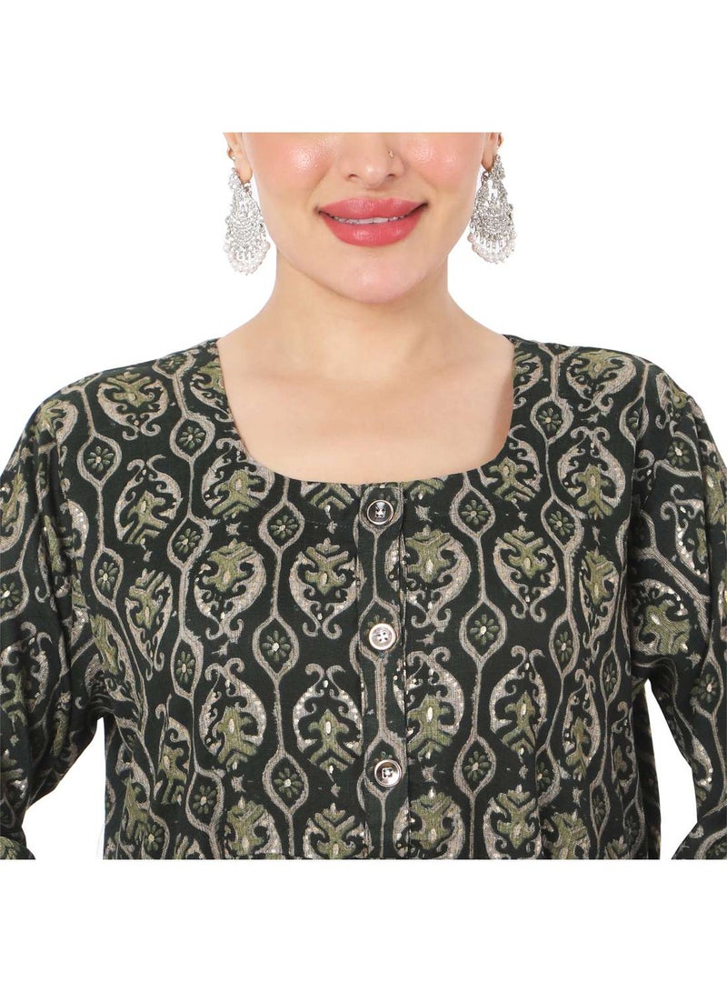 SHORT GREEN COLOUR STYLISH HIGH QUALITY PRINTED WITH FRONT BUTTONED STYLED ARABIC KAFTAN JALABIYA DRESS