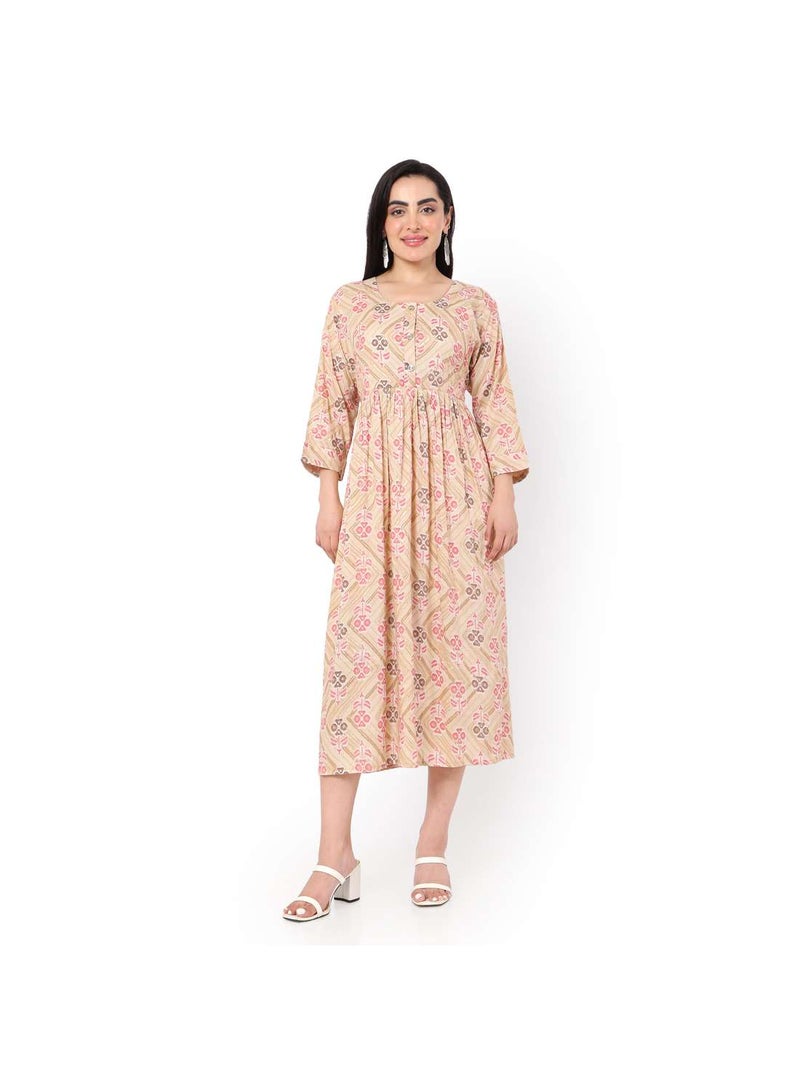 SOFT VISCOSE FRONT BUTTONED GEOMETRIC PRINT CASUAL SHORT ARABIC JALABIYA KAFTAN DRESS