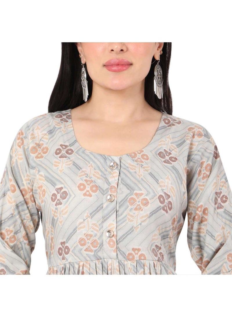 SOFT VISCOSE GREY COLOUR FRONT BUTTONED PRINTED CASUAL SHORT ARABIC KAFTAN JALABIYA DRESS