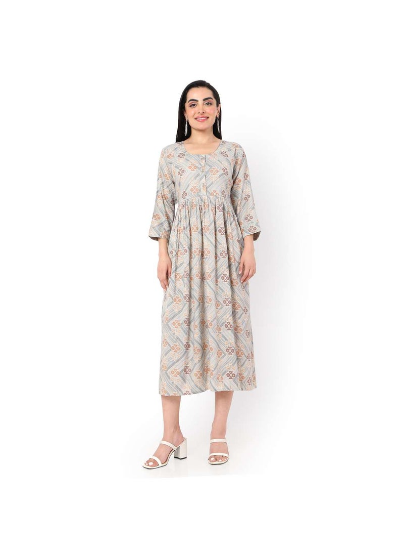 SOFT VISCOSE GREY COLOUR FRONT BUTTONED PRINTED CASUAL SHORT ARABIC KAFTAN JALABIYA DRESS