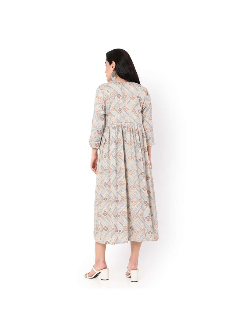 SOFT VISCOSE GREY COLOUR FRONT BUTTONED PRINTED CASUAL SHORT ARABIC KAFTAN JALABIYA DRESS