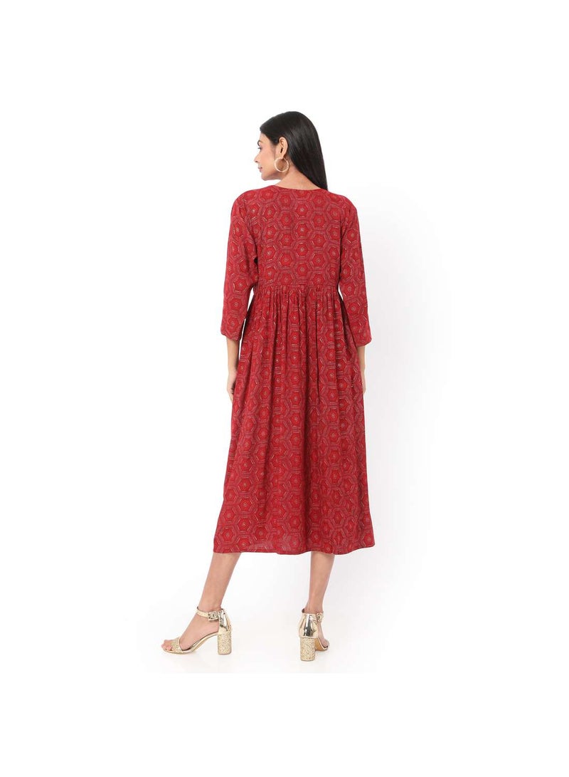 SOFT RED COLOUR FRONT BUTTONED THREE FORTH SLEEVES CASUAL SHORT ARABIC JALABIYA KAFTAN DRESS