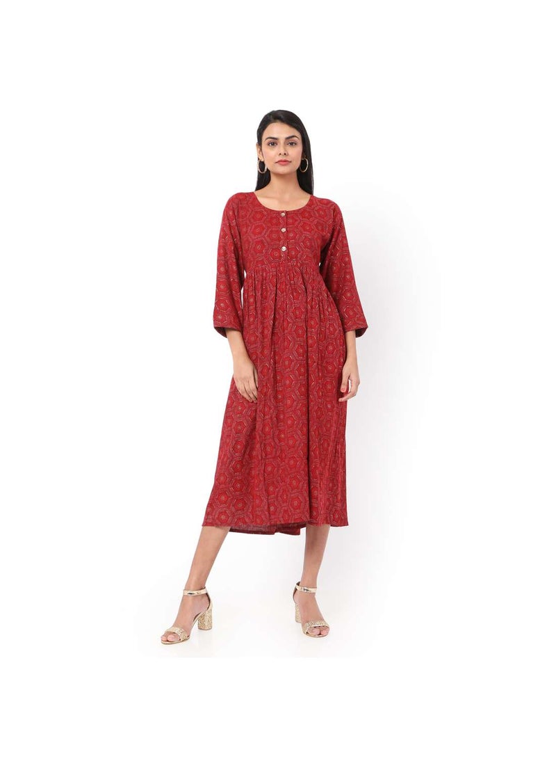 SOFT RED COLOUR FRONT BUTTONED THREE FORTH SLEEVES CASUAL SHORT ARABIC JALABIYA KAFTAN DRESS