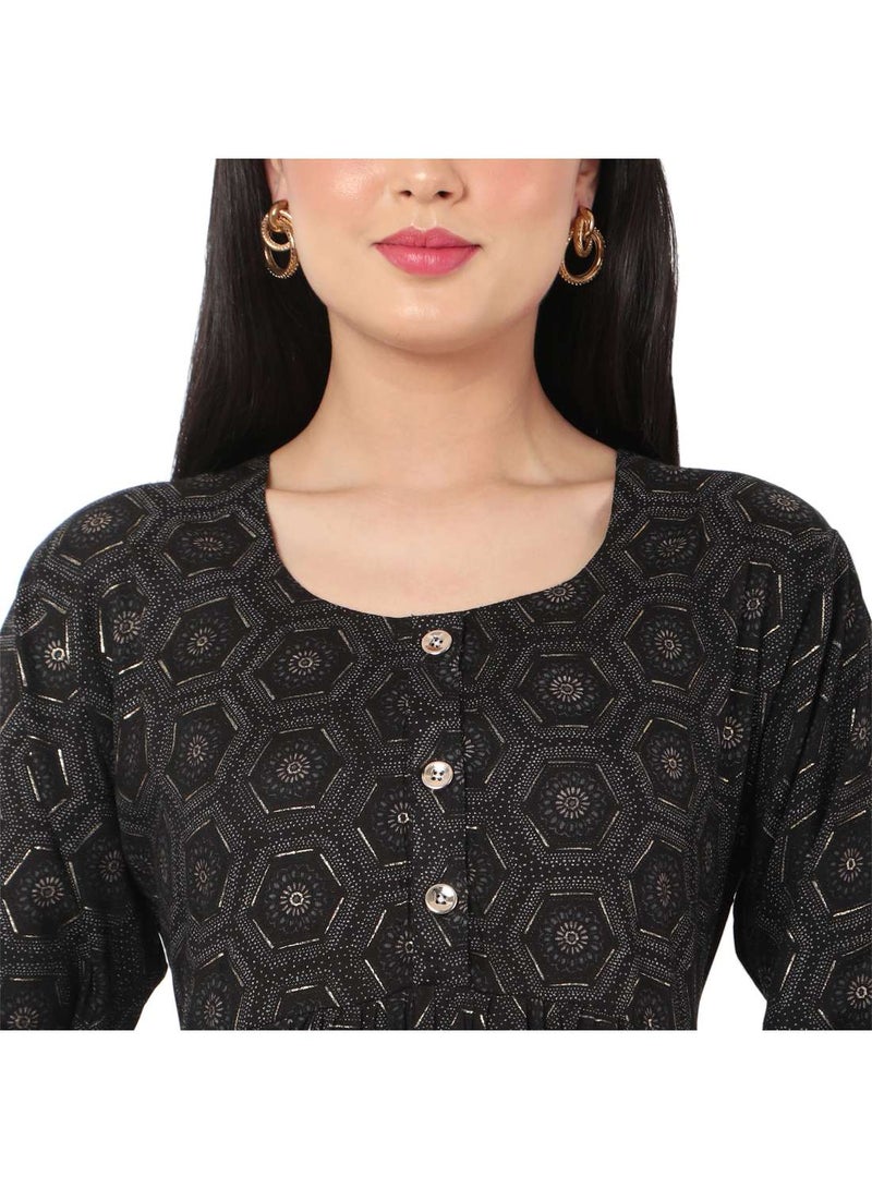 SOFT VISCOSE BLACK COLOUR PRINTED CASUAL FRONT BUTTONED SHORT ARABIC KAFTAN JALABIYA DRESS