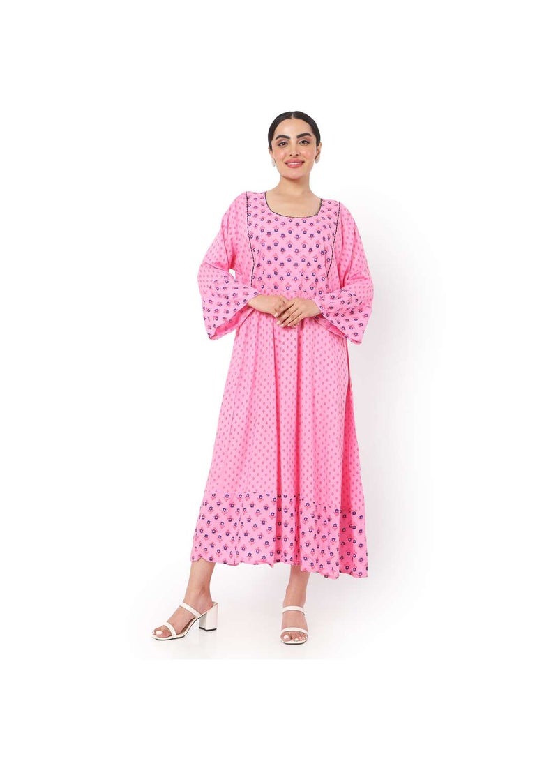 VISCOSE LONG FRILL SLEEVES DOT PRINTED ELEGANT ARABIC JALABIYA KAFTAN DRESS