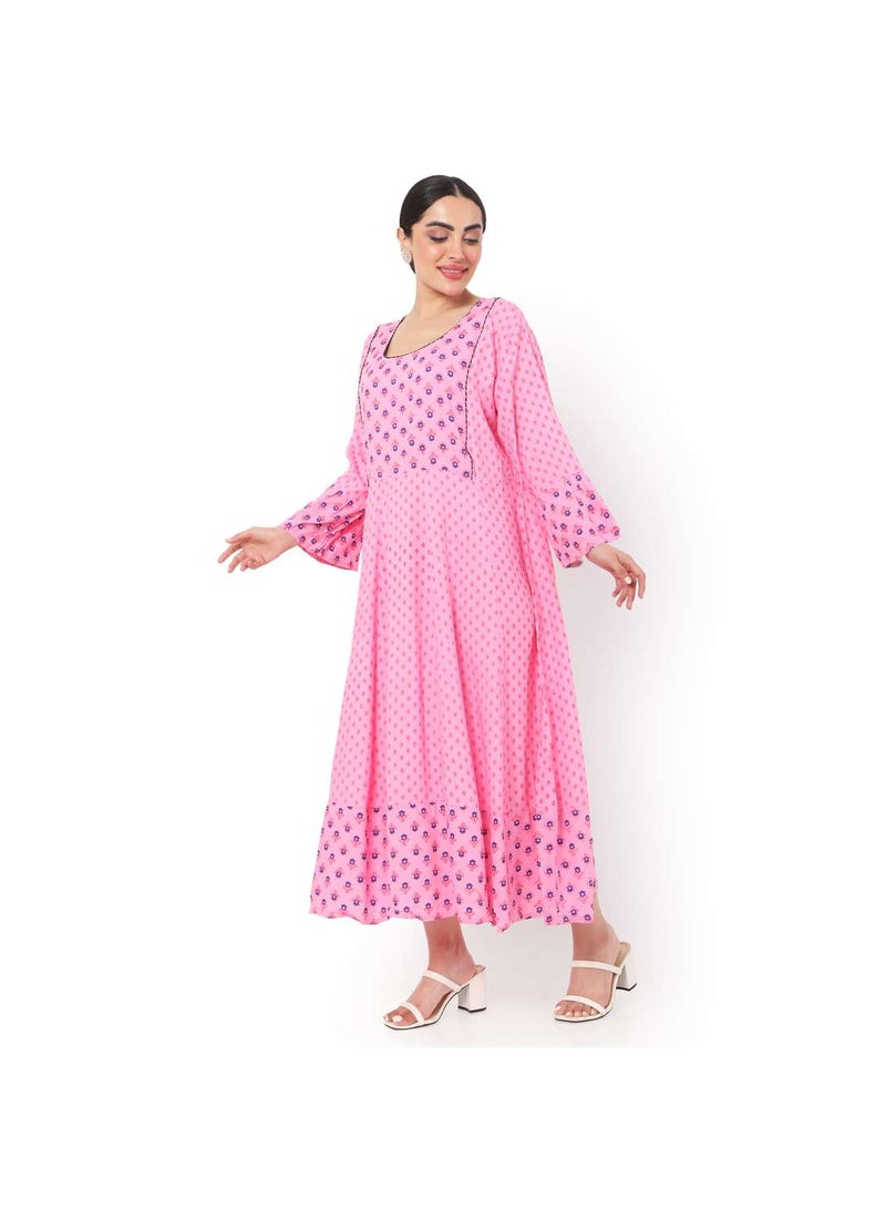 VISCOSE LONG FRILL SLEEVES DOT PRINTED ELEGANT ARABIC JALABIYA KAFTAN DRESS